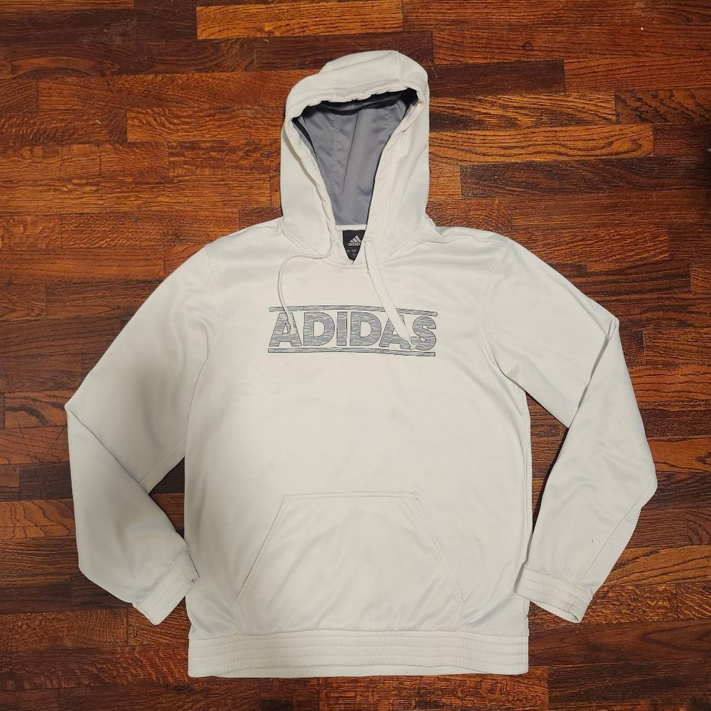 Men's Adidas Silky Soft White Hoodie with Grey Logo Unique Sweatpant Hem Size S
